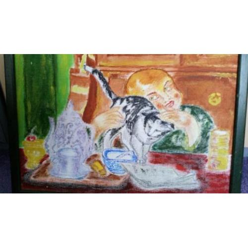 Prachtige Olieverfschilderij. '' Lieve Ontbijt ''