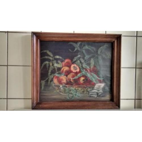 Zeer oud schilderij/ stilleven, Perziken op fruitschaal.