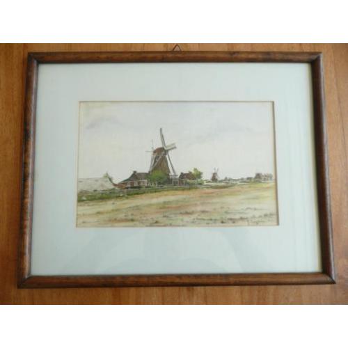Schilderij Boerderijen met molens door J. Spoelstra. Afmetin