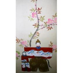 Hina dolls & Sakura op scroll, handgeschilderd, 1960's