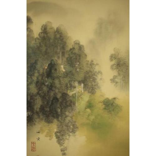 Japanse scroll "Tempel in het Woud" op zijde +_ 1960s