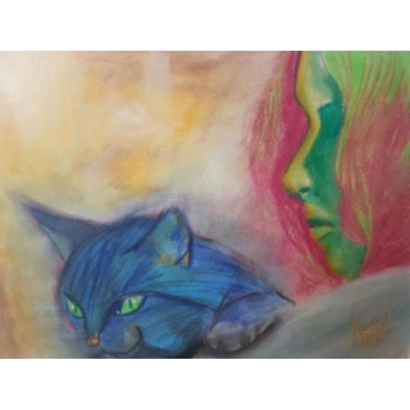 Prachtige Tekening meisje met kat poes gesigneerd.