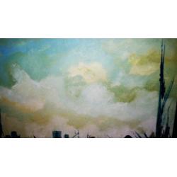 Oude schildering acrylic/olie op canvas, "Haven gezicht"