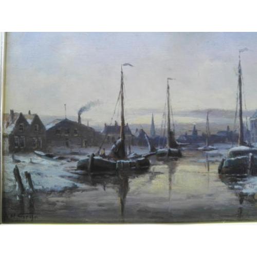 A M Geijp 1855-1926 Winters Stadsgezicht/Tjalken/Personen