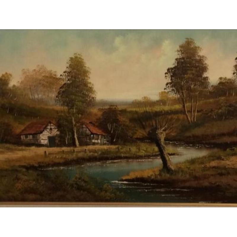 Oud klassiek schilderij met vakwerkhuizen