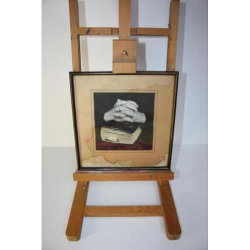 Te koop klein religieus schilderij met handen en Bijbel