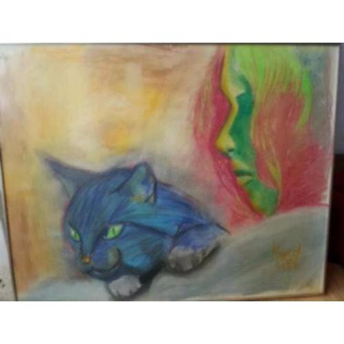 Prachtige Tekening meisje met kat poes gesigneerd.