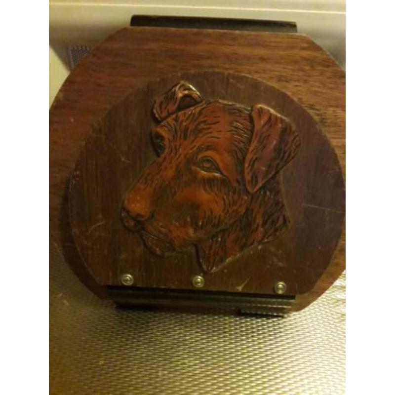 Mooi oud antiek schilderij hout met honden kop