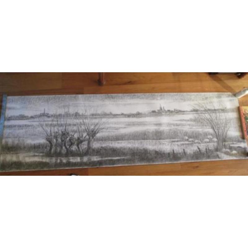 originele houtskool tekening 2.60 m lang 75 cm hoog rivier