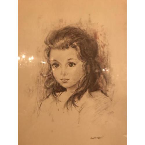 Set van 2 tekeningen in lijst achter glas meisjes gesigneerd