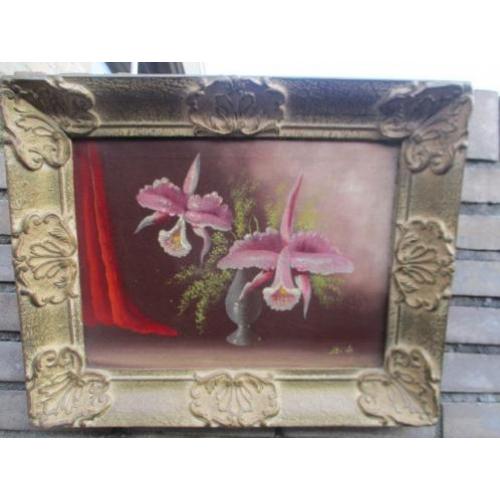 Olie/doek. J. t. Cate. Orchideeën. Oud schilderij.