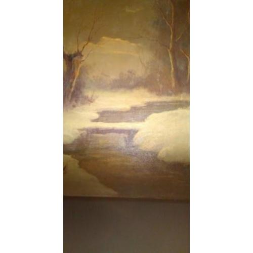 Olieverfschilderij Winterlandschap Linnen doek gesigneerd!