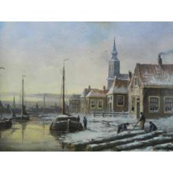 A M Geijp 1855-1926 Winters Stadsgezicht/Tjalken/Personen