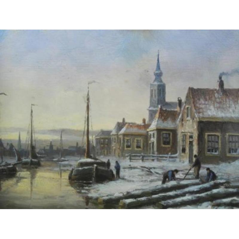 A M Geijp 1855-1926 Winters Stadsgezicht/Tjalken/Personen