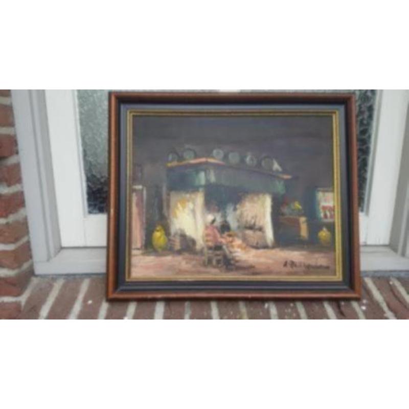 olieverf op doek huiskamertafereel A. Zwanenberg 60cm-50cm