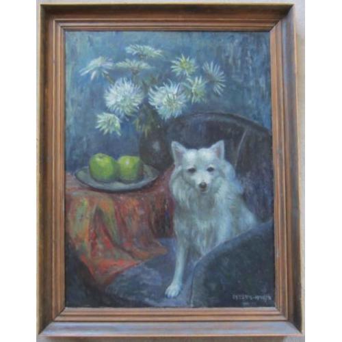 =ca 1930=GESIGNEERD====portret van een hond bij stilleven==