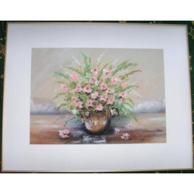 Prachtig schilderij "Roze bloemen in vaas", gesigneerd.
