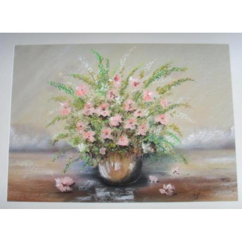 Prachtig schilderij "Roze bloemen in vaas", gesigneerd.