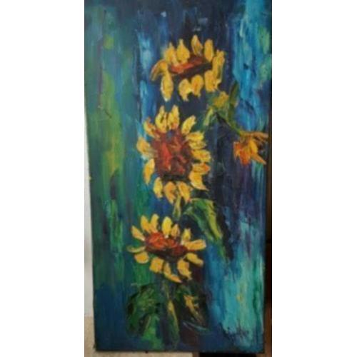 Olieverf schilderij zonnebloemen dik in de verf gesigneerd.