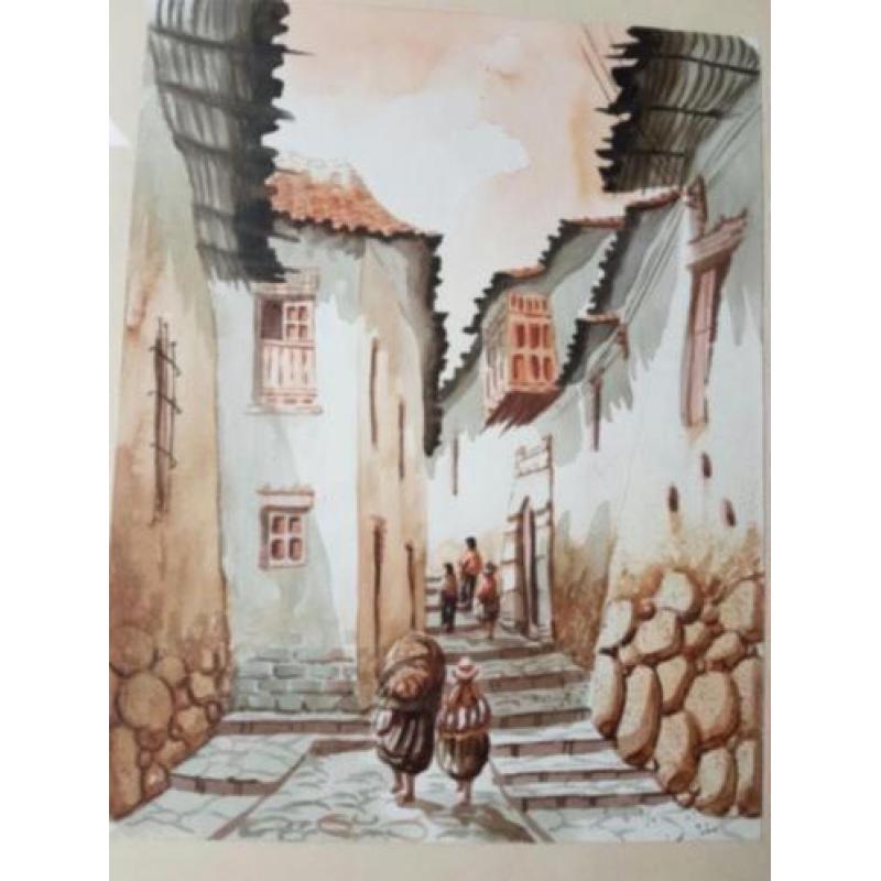 Aquarel mooi Mexicaans dorpsgezicht