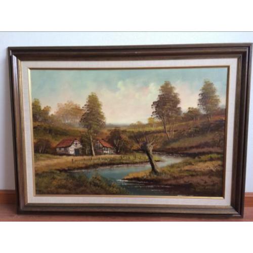 Oud klassiek schilderij met vakwerkhuizen