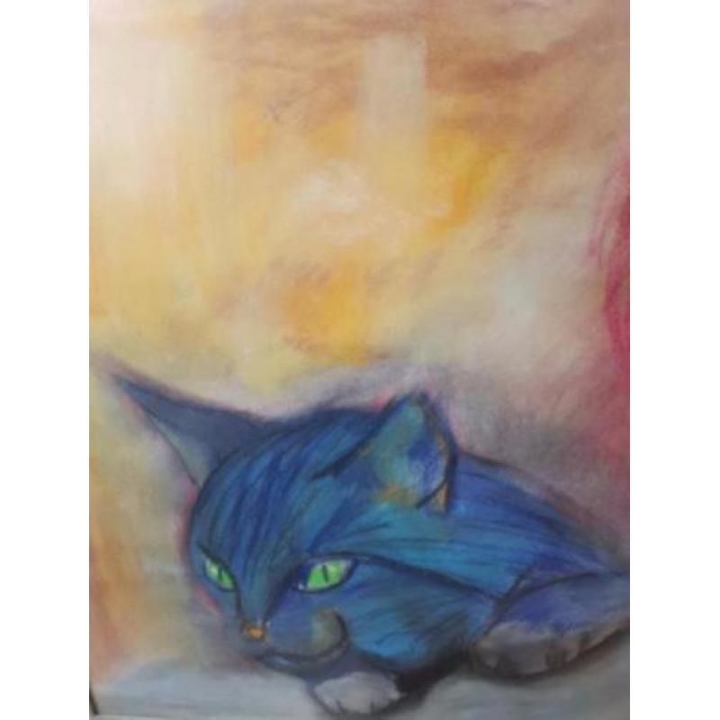 Prachtige Tekening meisje met kat poes gesigneerd.
