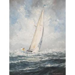G.J. Ernens (1935-) - Zeilboot op volle zee