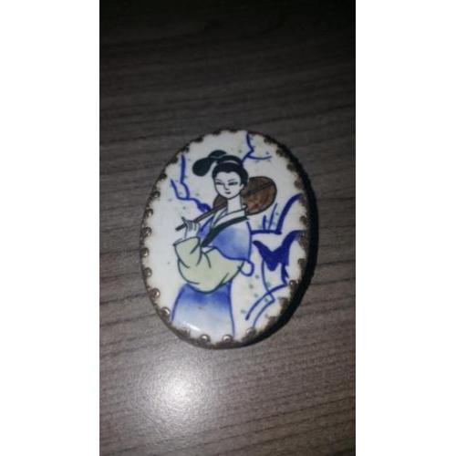 Antieke poederdoos zilver kleurige deksel keramiek Japans