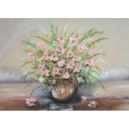 Prachtig schilderij "Roze bloemen in vaas", gesigneerd.