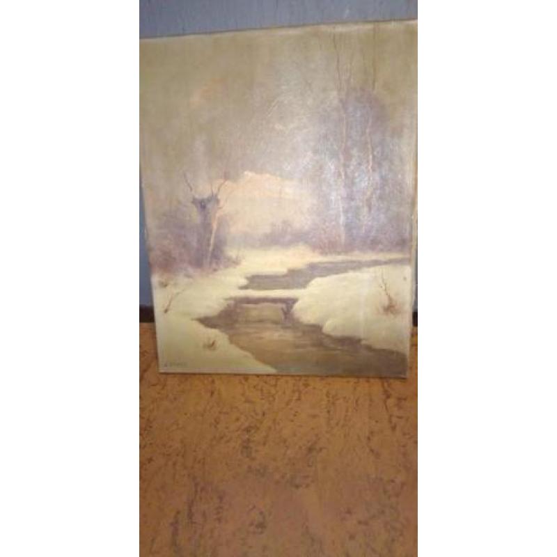 Olieverfschilderij Winterlandschap Linnen doek gesigneerd!