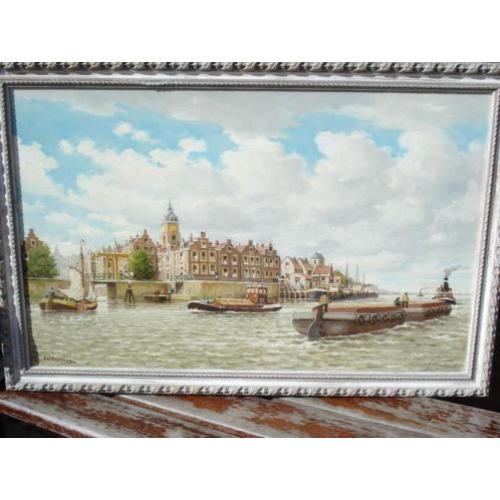 Stads grachten gezicht met schepen F.L .Corsius
