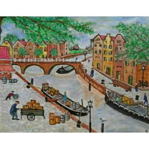 Naïef haventje - boten en kleurrijke huisjes - naïeve stijl