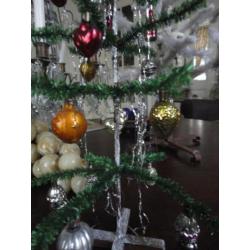 antiek KERSTBOOMPJE + GLAS FIGUURTJES/BALLETJES, h 45 cm